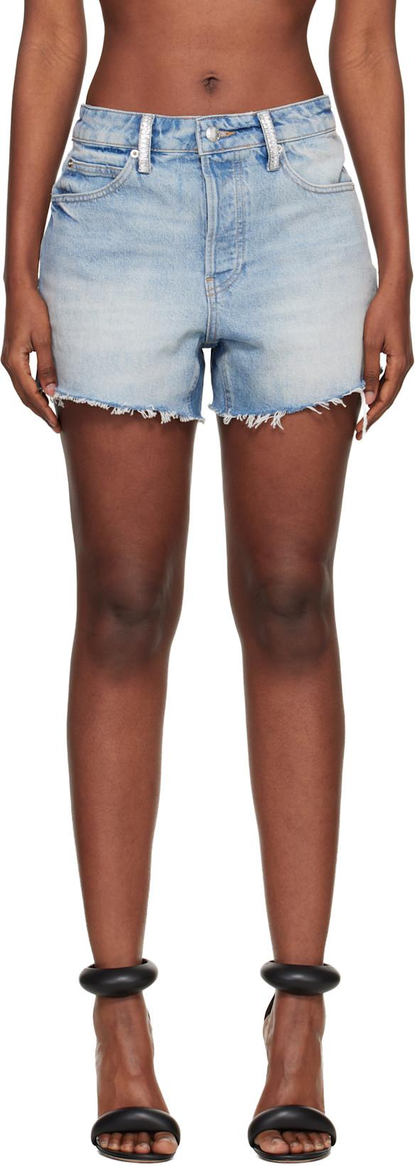 Blue Denim Relaxed-Fit Crystal Hotfix Shorts by ALEXANDER WANG