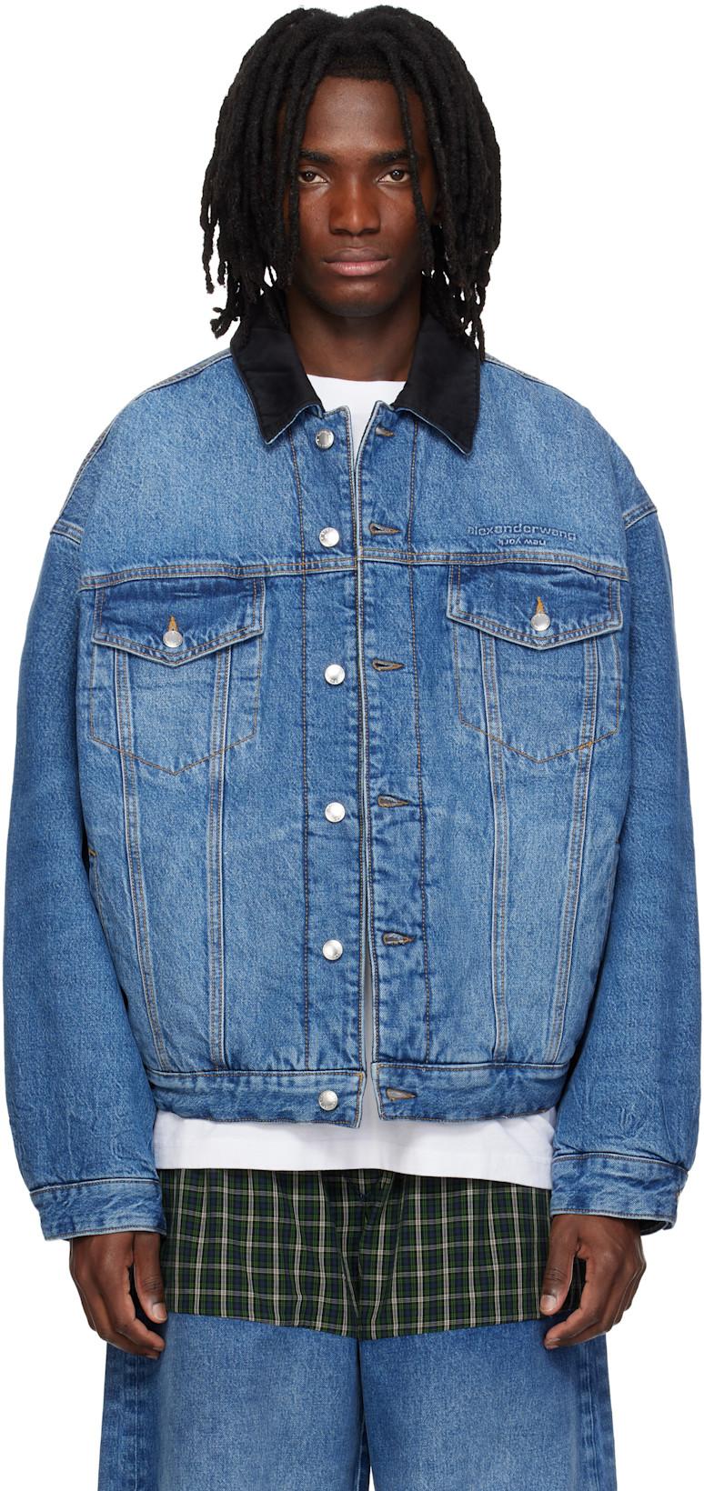 Blue Plaid Combo Reversible Trucker Denim Jacket by ALEXANDER WANG