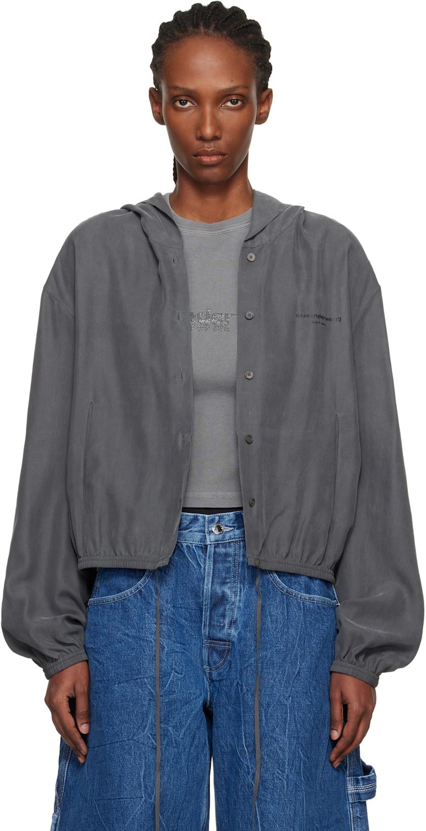 Gray Cropped Silk Hoodie by ALEXANDER WANG