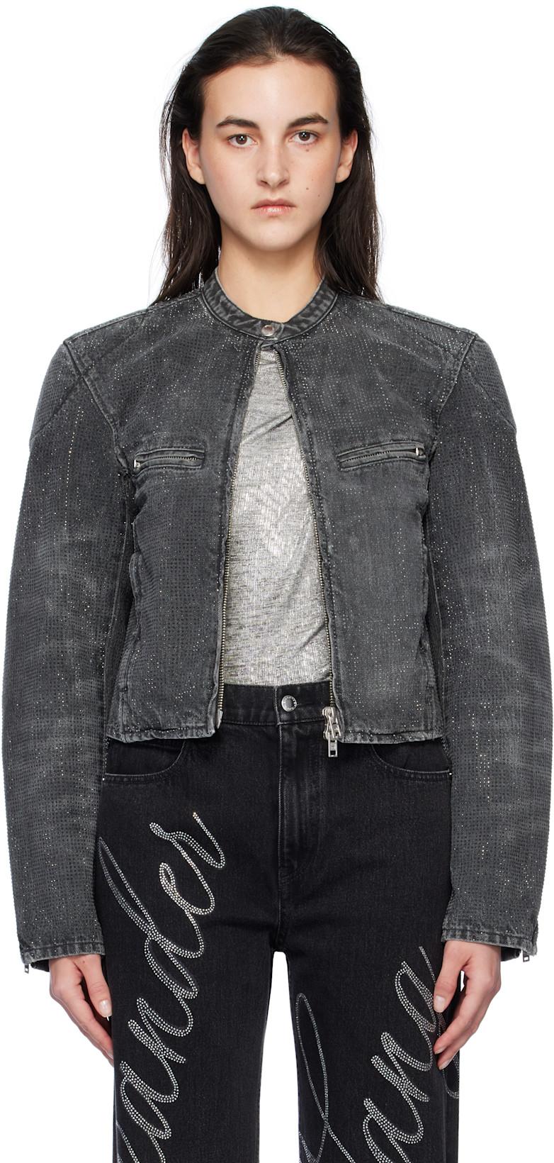 Gray Crystal Hotfix Moto Denim Jacket by ALEXANDER WANG