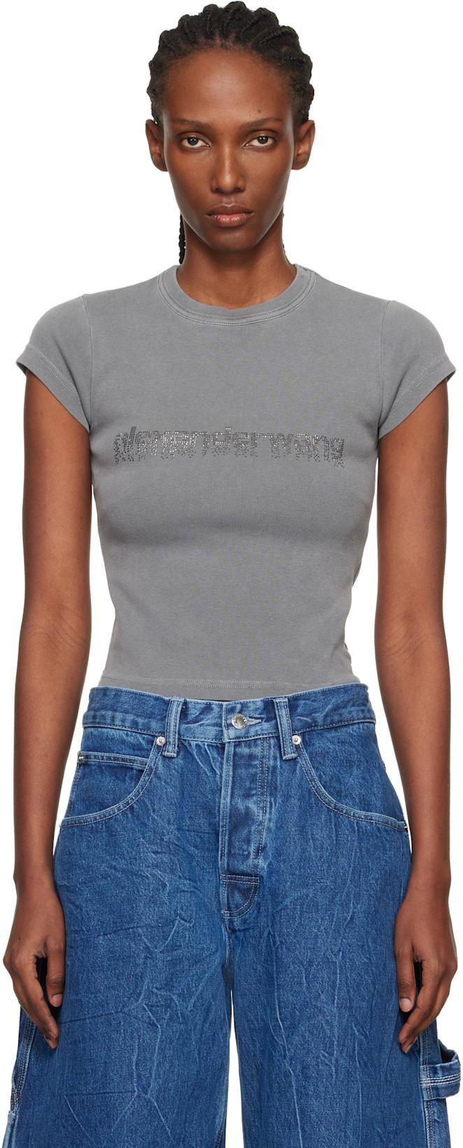 Gray Crystal Logo Cotton Baby T-shirt by ALEXANDER WANG