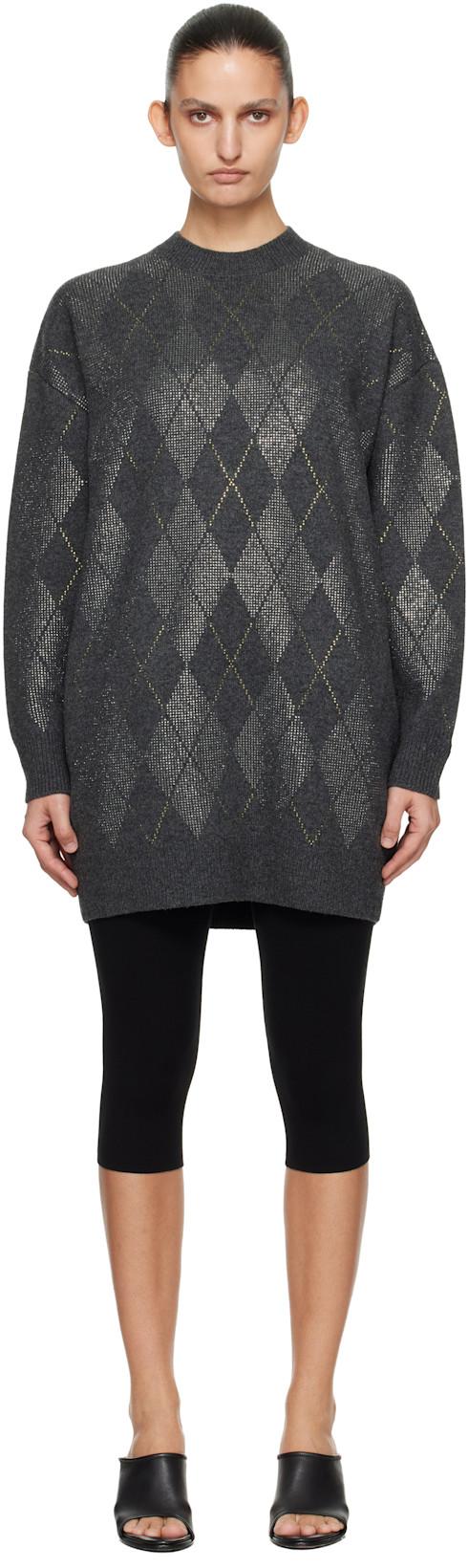 Gray Long Sleeve Crewneck Crystal Argyle Hotfix Minidress by ALEXANDER WANG