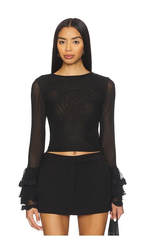Alice + Olivia Delaina Long Sleeve Crop Top With Ruffle Cuff in Black by ALICE+OLIVIA Alice + Olivia Delaina Long Sleeve Crop Top With Ruffle Cuff in Black by ALICE+OLIVIA