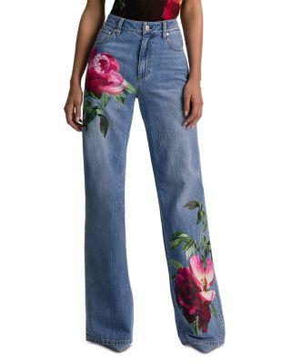 Chic High Rise Full Length Rose Print Jeans in Denver Bright Blue by ALICE+OLIVIA