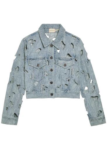 Chloe embroidered cut-out denim cropped jacket by ALICE+OLIVIA