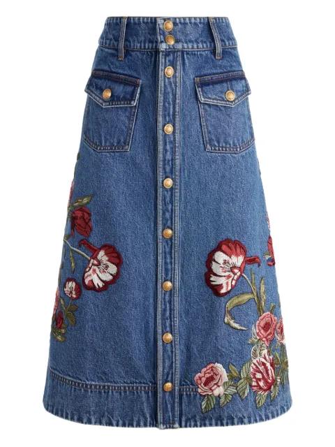 Dahlia floral-embroidered denim skirt by ALICE+OLIVIA