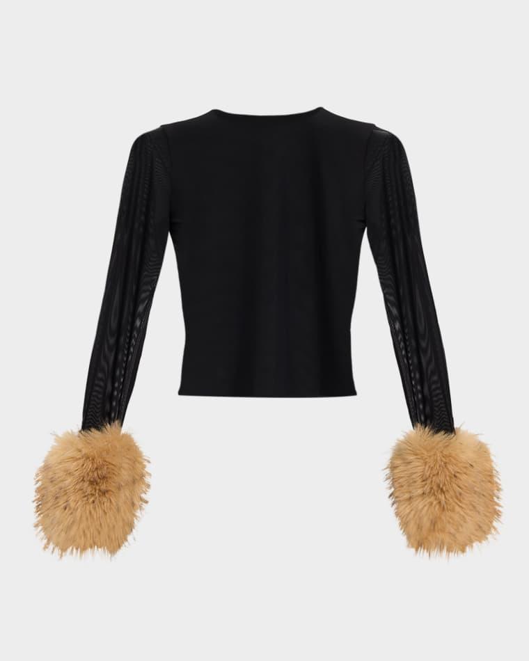 Delaina Mesh Top with Faux Fur Cuffs by ALICE+OLIVIA