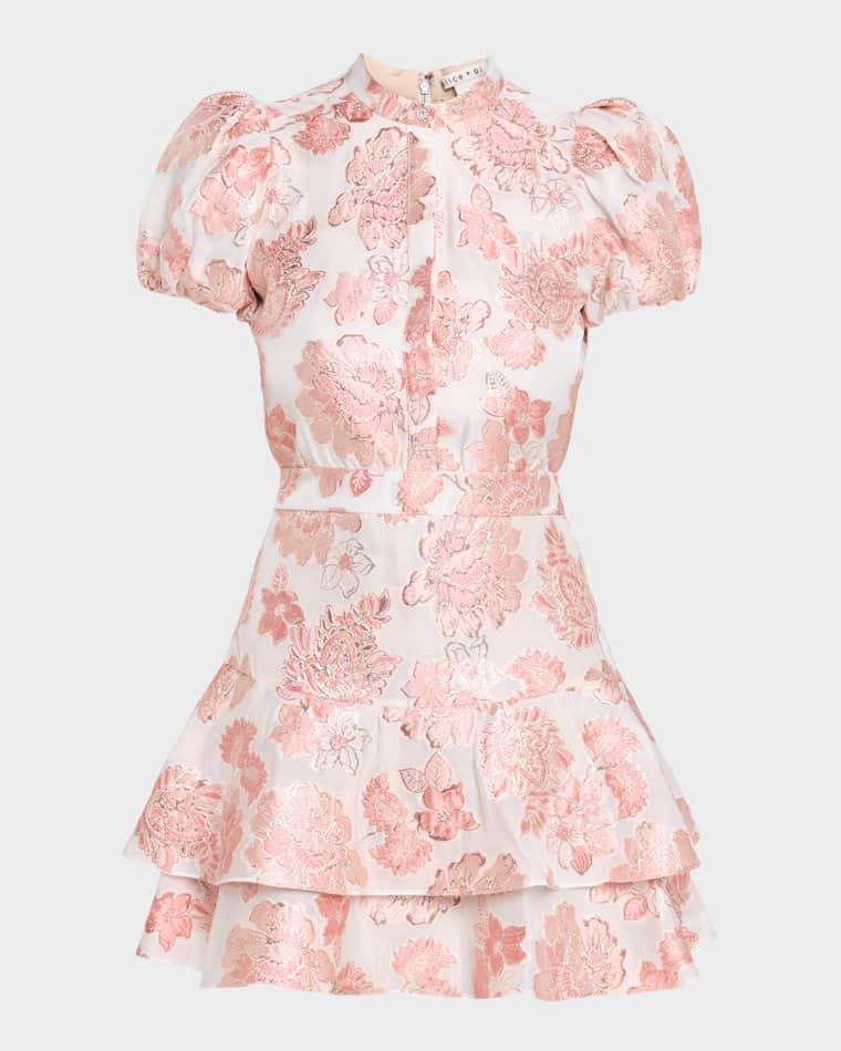 Loryn Metallic Floral Puff-Sleeve Mini Dress by ALICE+OLIVIA