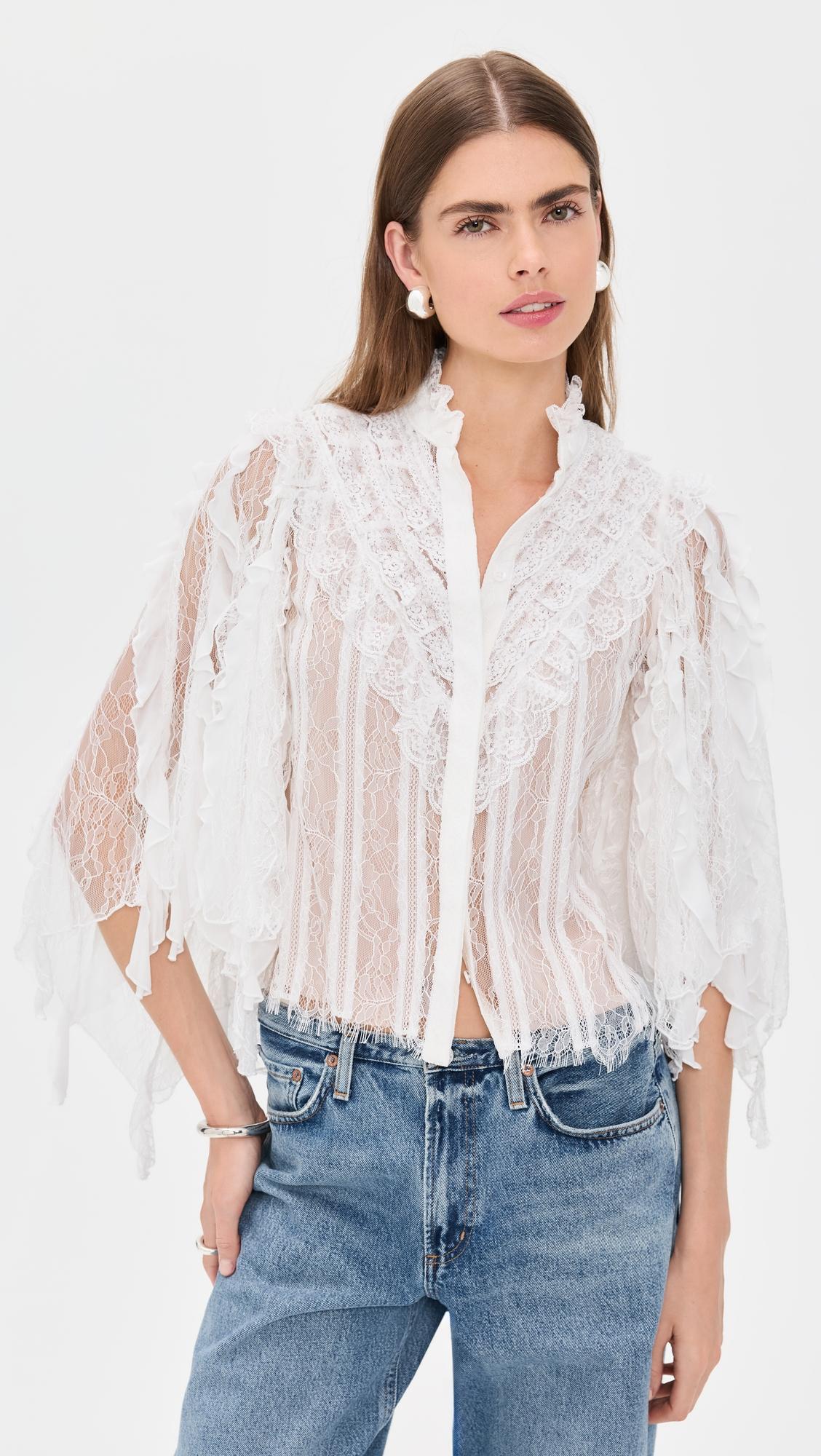 Rheba Mock Neck Button Front Lace Ruffle Sleeve Top by ALICE+OLIVIA