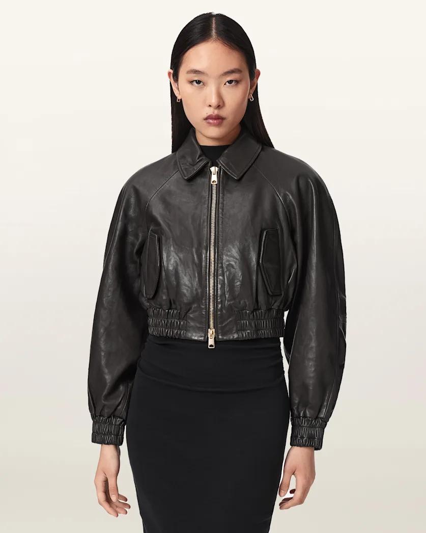 Anouk Cropped Leather Bomber Jacket by ALLSAINTS