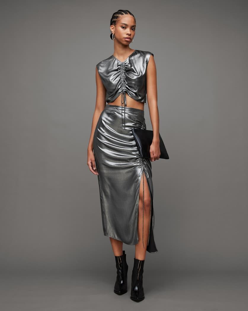 Carla Gathered Metallic Midi Skirt by ALLSAINTS