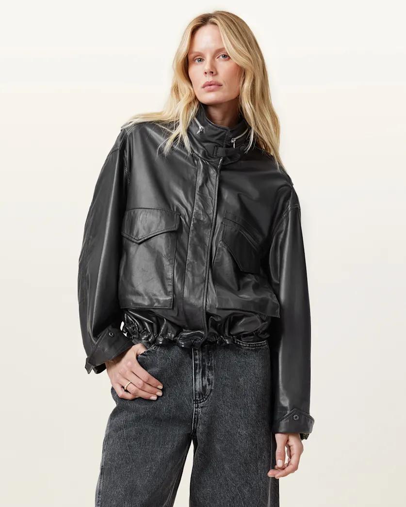 Clay Funnel Neck Cropped Leather Jacket by ALLSAINTS