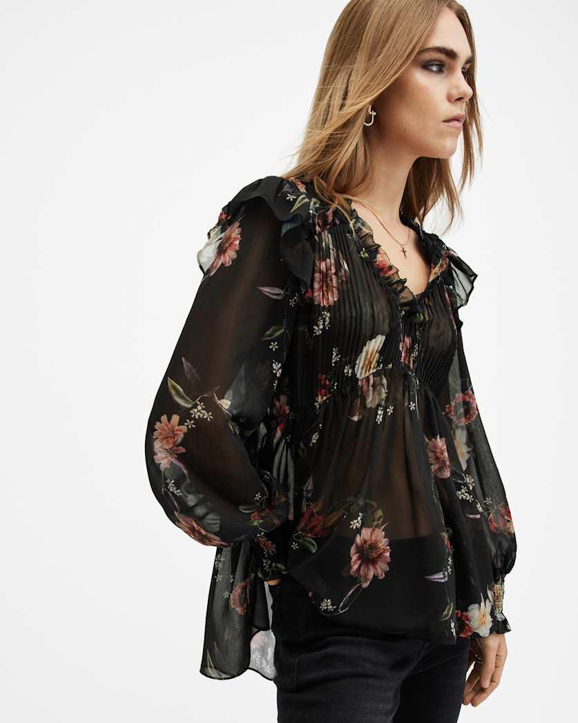 Iryna Frill Printed Sheer Top by ALLSAINTS