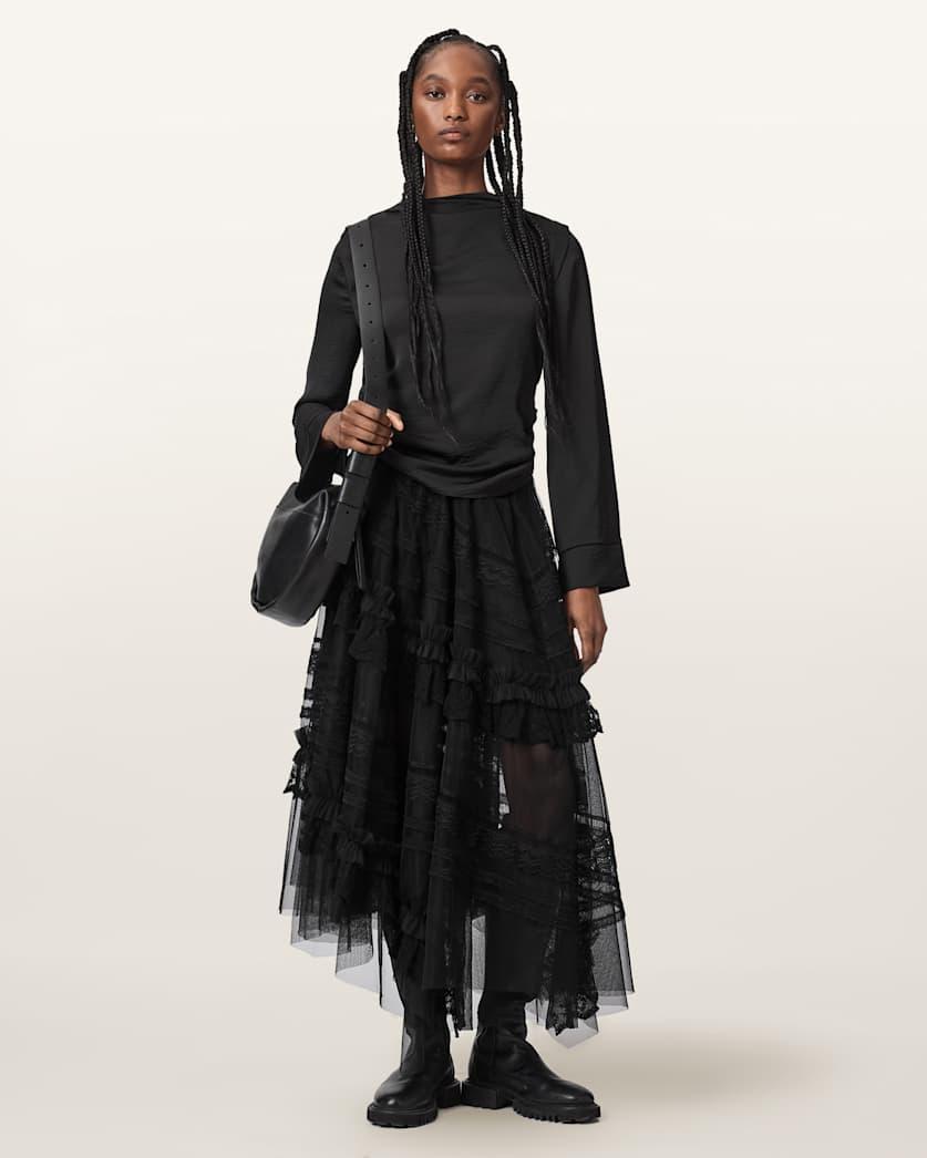Jen Tiered Lace Textile Midi Skirt by ALLSAINTS