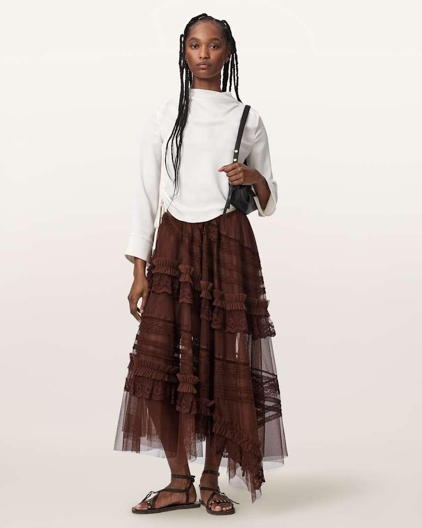 Jen Tiered Lace Textile Midi Skirt by ALLSAINTS