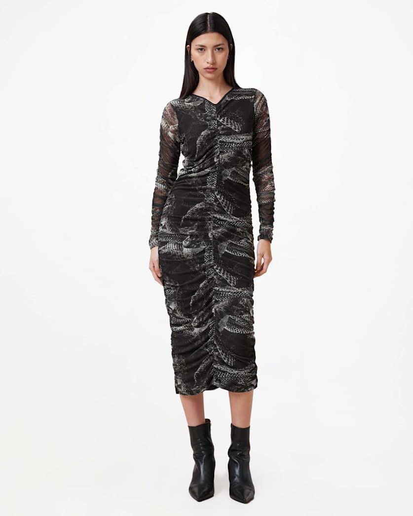 Keiko Mesh Gathered V-Neck Midi Dress by ALLSAINTS