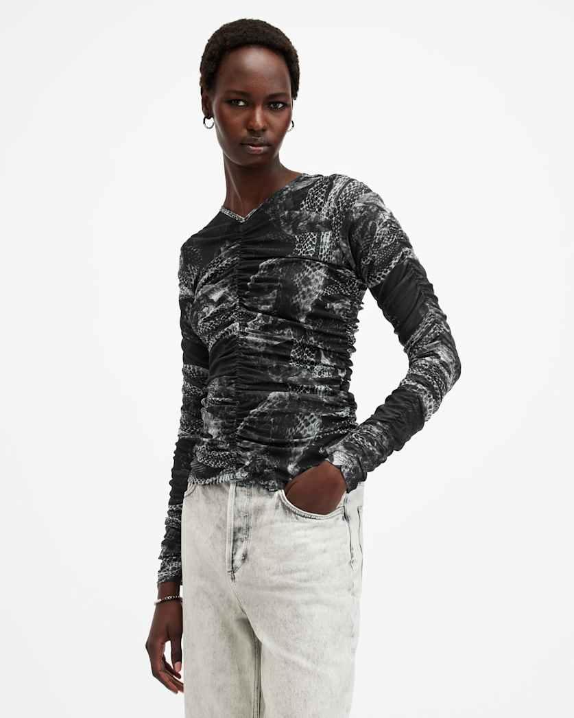 Keiko Mesh Gathered V-Neck Top by ALLSAINTS