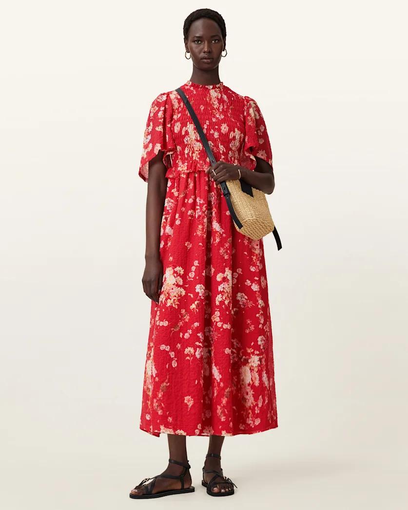 Mya Floral Print Shirred Midi Dress by ALLSAINTS