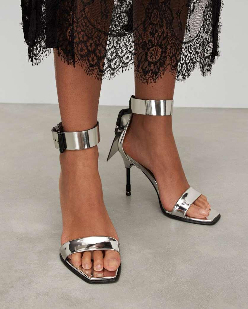 Noir Metallic Leather High Heel Sandals by ALLSAINTS