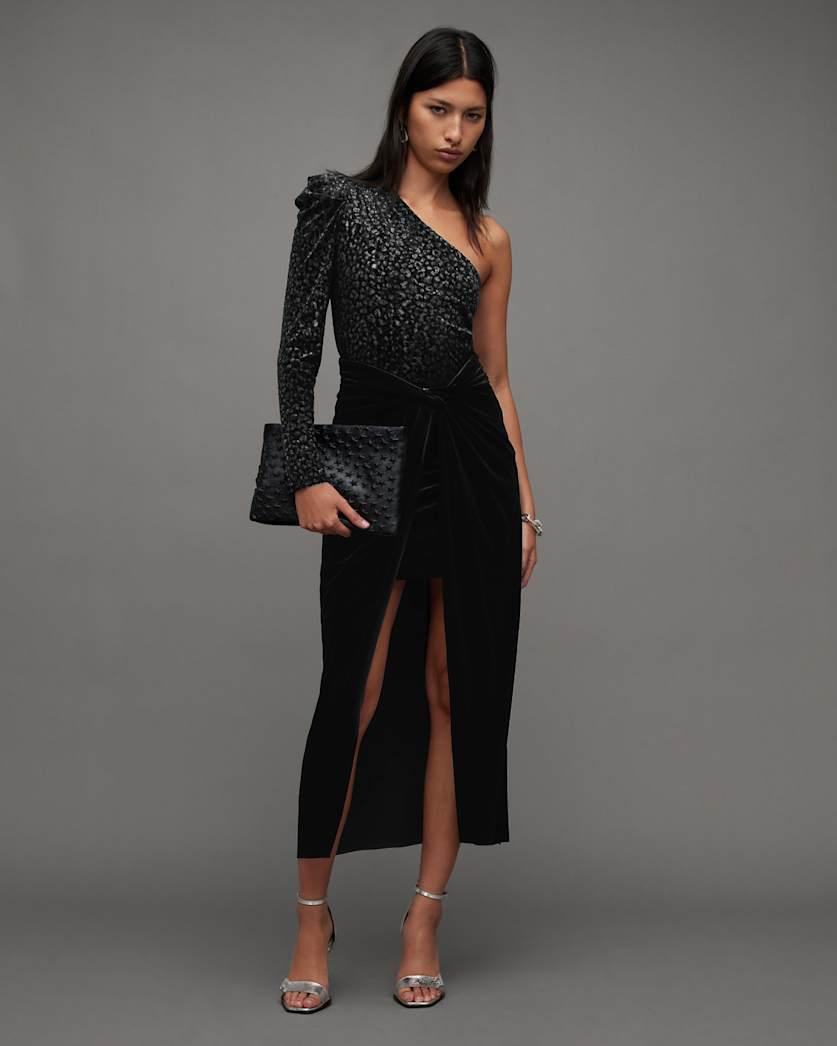 Sami Velvet Gathered Draped Midi Skirt by ALLSAINTS