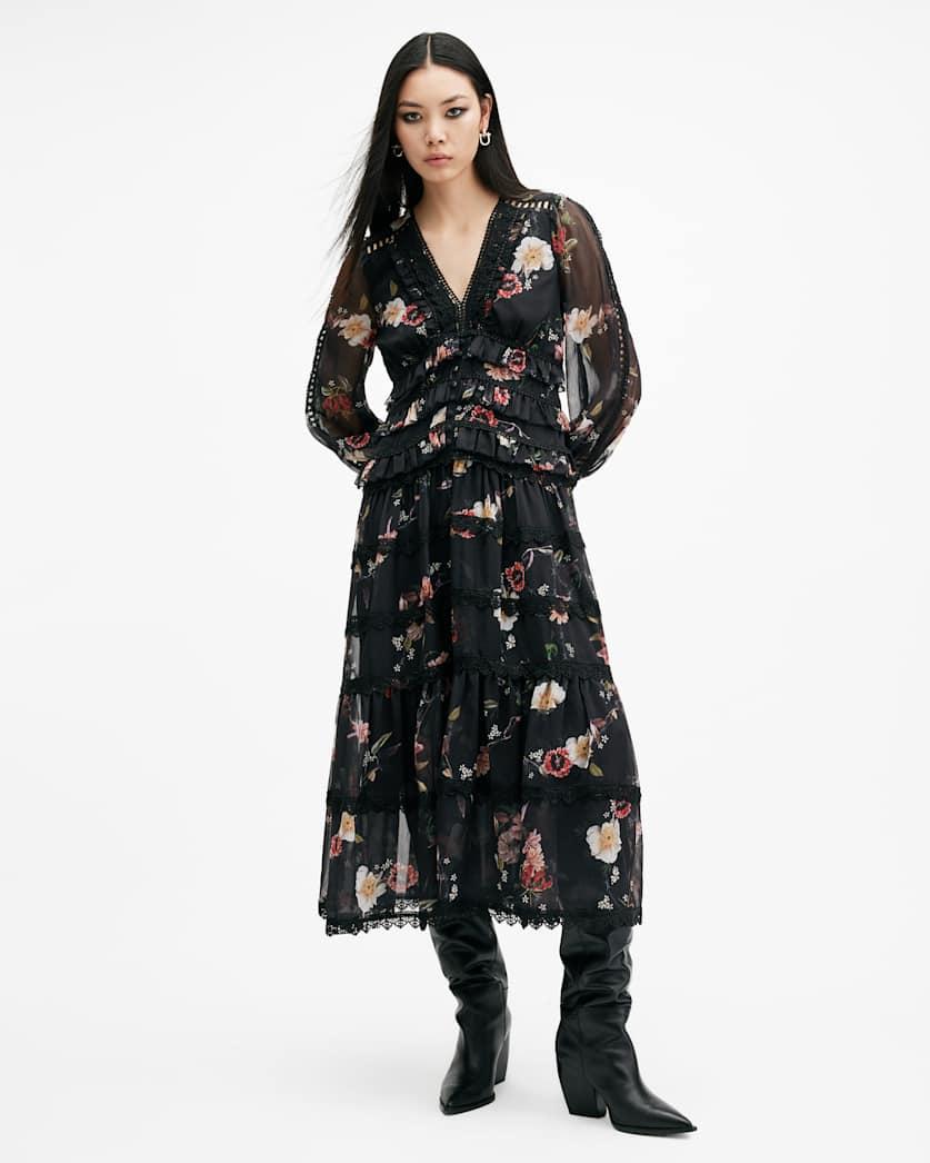 Zora Floral Ruffle Midi Dress by ALLSAINTS