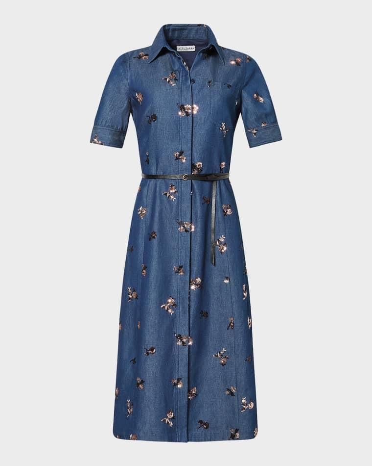 Kieran Sequined Floral Denim Midi Shirtdress With Belt by ALTUZARRA