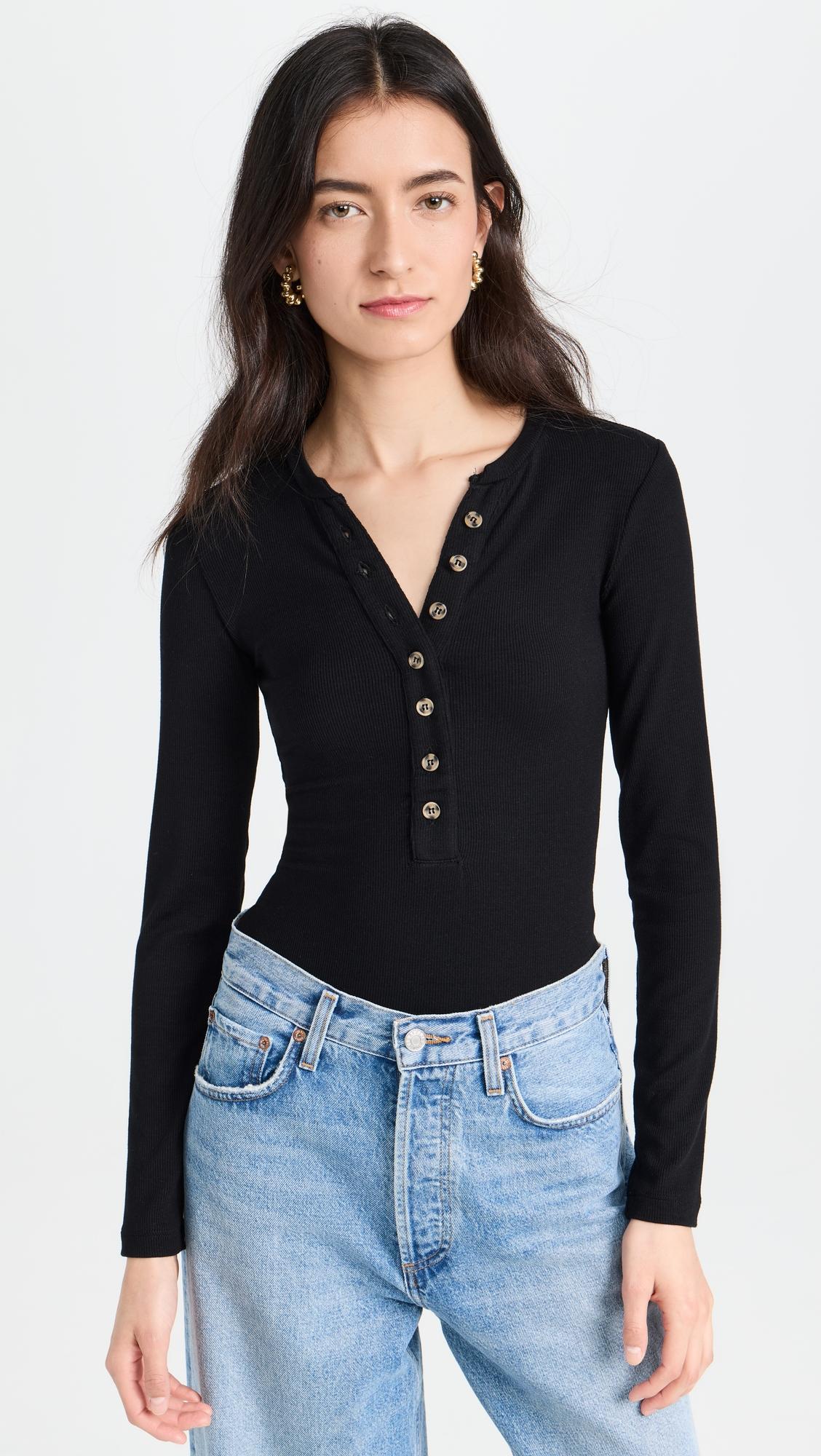 Button Up Ribbed Henley Thong Bodysuit by AMBITIONIST