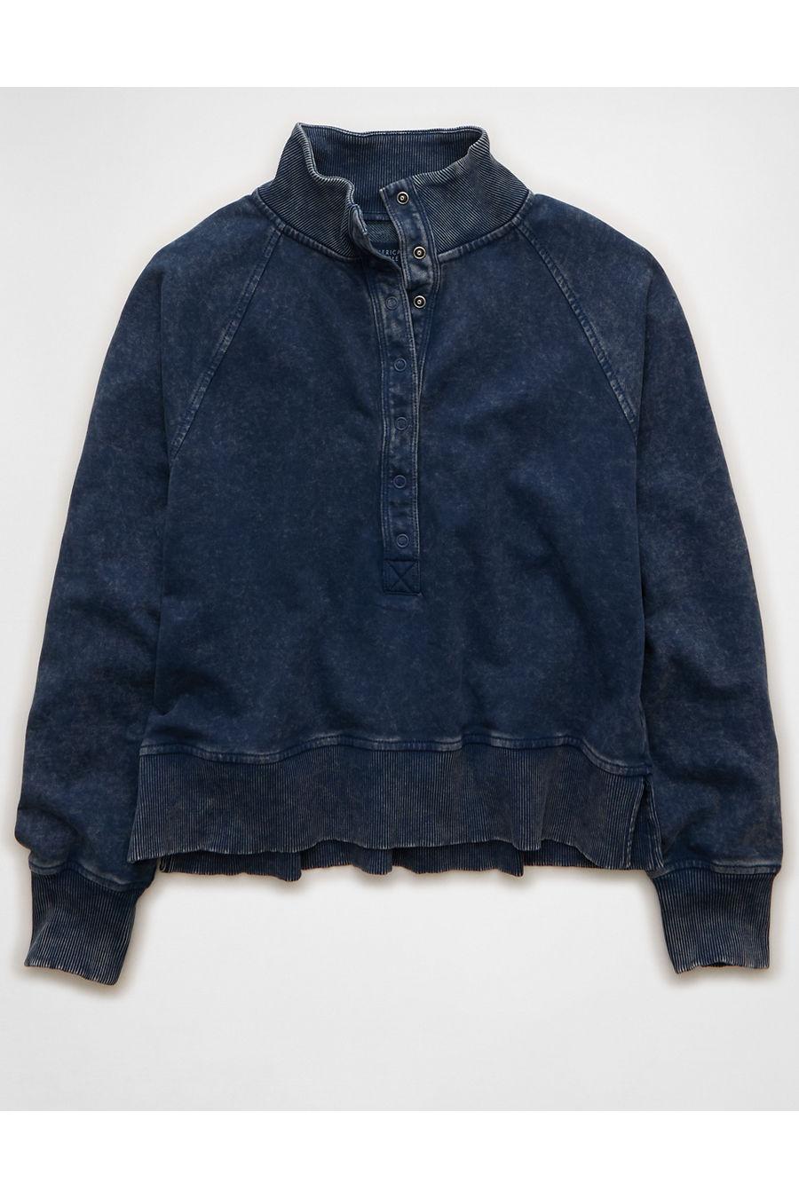 AE Big Hug Fleece Henley Sweatshirt Women's Dark Indigo by AMERICAN EAGLE