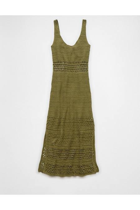 AE Crochet Mix Stitch Midi Dress Women's Olive L by AMERICAN EAGLE