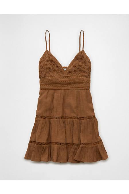 AE Crochet V-Neck Tiered Mini Dress Women's Brown by AMERICAN EAGLE AE Crochet V-Neck Tiered Mini Dress Women's Brown by AMERICAN EAGLE