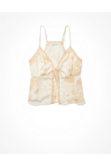 AE Cropped Lace Trim Tie-Front Cami Women's Cream M by AMERICAN EAGLE