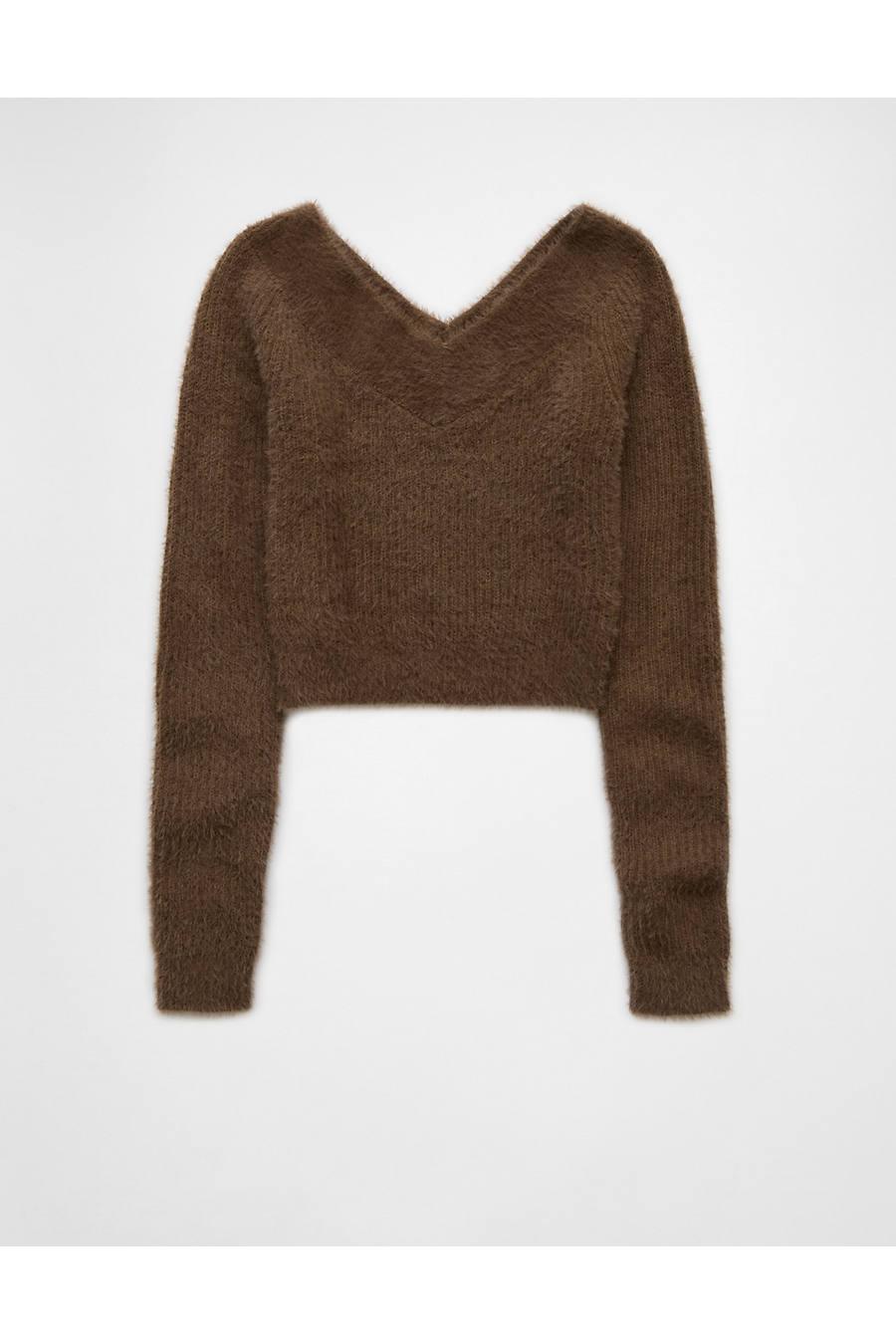 AE Cropped Open V-Neck Sweater Women's Brown by AMERICAN EAGLE AE Cropped Open V-Neck Sweater Women's Brown by AMERICAN EAGLE