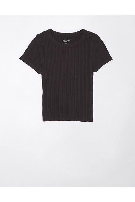 AE Cropped Pointelle-Knit Hey Baby Tee Women's Black XS by AMERICAN EAGLE