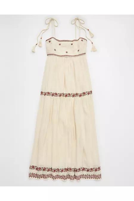 AE Empire Waist Embroidered Midi Dress Women's Cream by AMERICAN EAGLE AE Empire Waist Embroidered Midi Dress Women's Cream by AMERICAN EAGLE