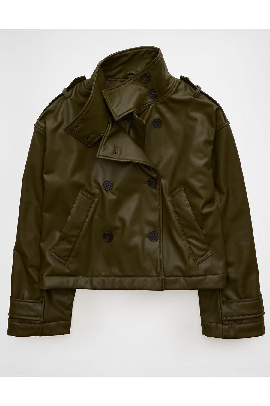 AE Faux Leather Cropped Trench Jacket Women's Olive by AMERICAN EAGLE
