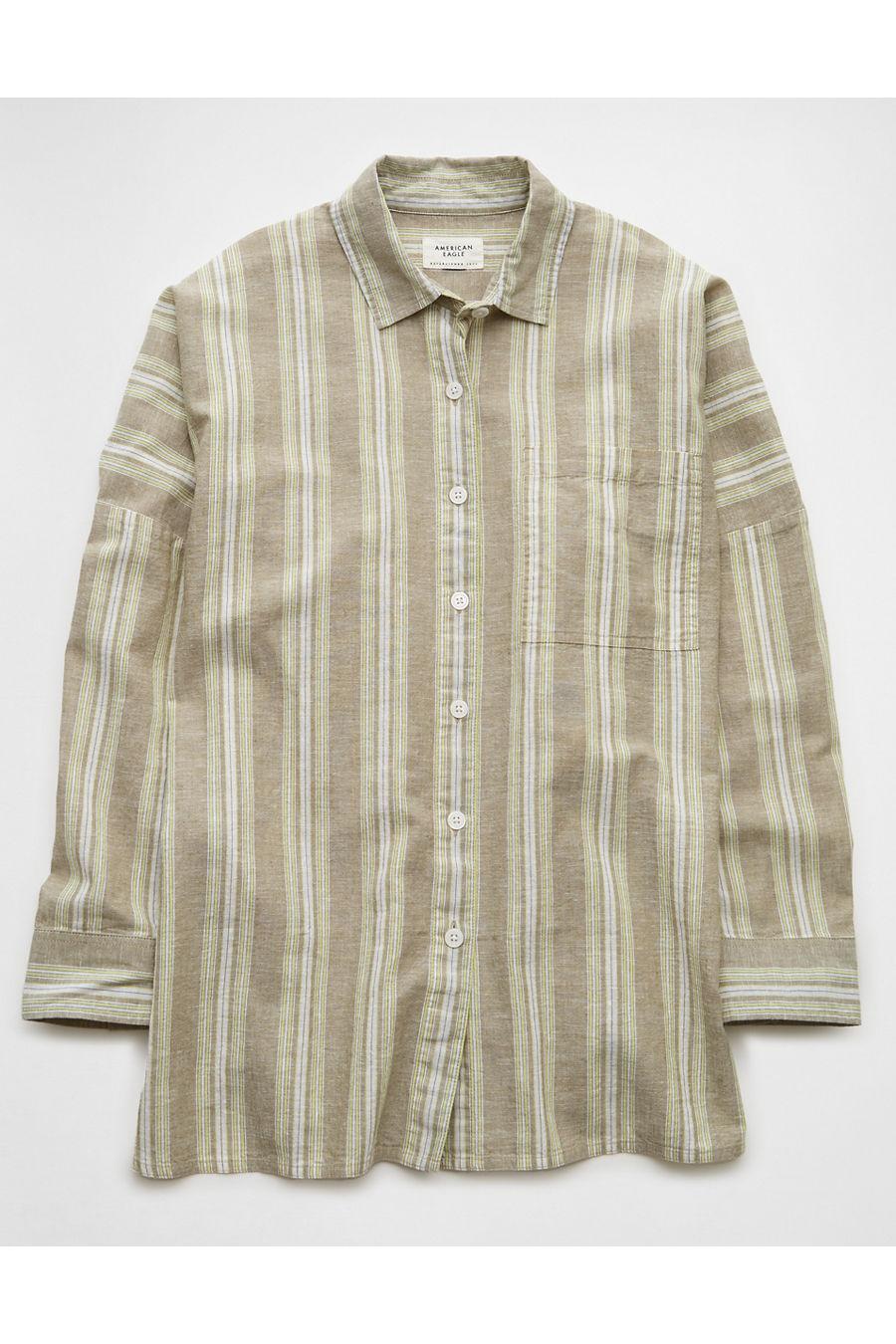 AE Go Big Linen-Blend Oversized Striped Shirt Women's Olive by AMERICAN EAGLE AE Go Big Linen-Blend Oversized Striped Shirt Women's Olive by AMERICAN EAGLE