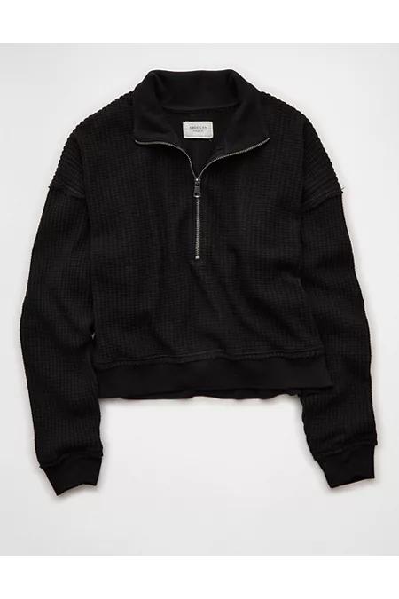 AE Half-Zip Waffle Fleece Sweatshirt Women's Black by AMERICAN EAGLE