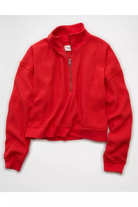 AE Half-Zip Waffle Fleeceweatshirt Women's Cherry Tart by AMERICAN EAGLE