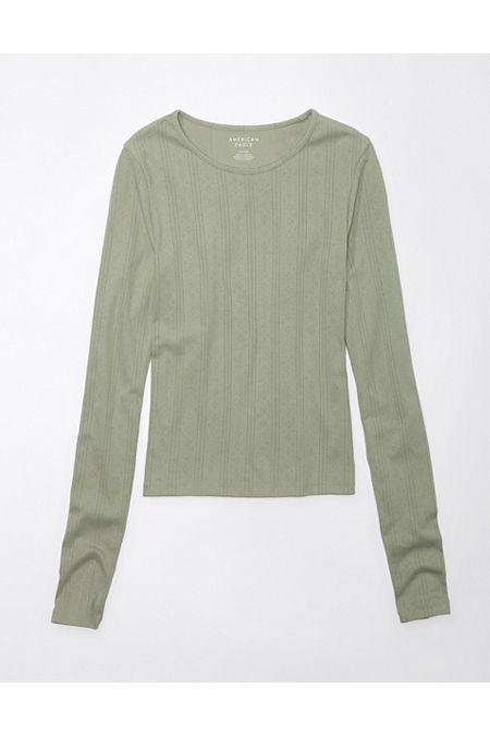 AE Hey Baby Long-Sleeve Pointelle-Knit Tee Women's Olive XXS by AMERICAN EAGLE