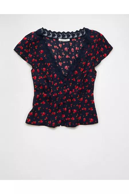 AE Lace Trim Blouse Women's Navy by AMERICAN EAGLE