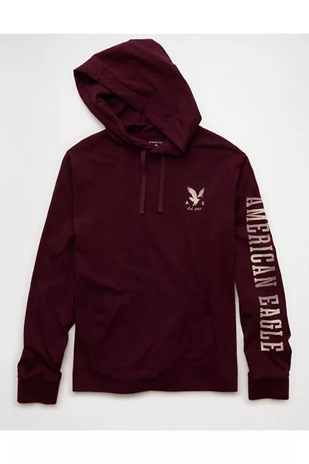 AE Lightweight Icon Logo Graphic Hoodie T-Shirt Men's Burgundy by AMERICAN EAGLE