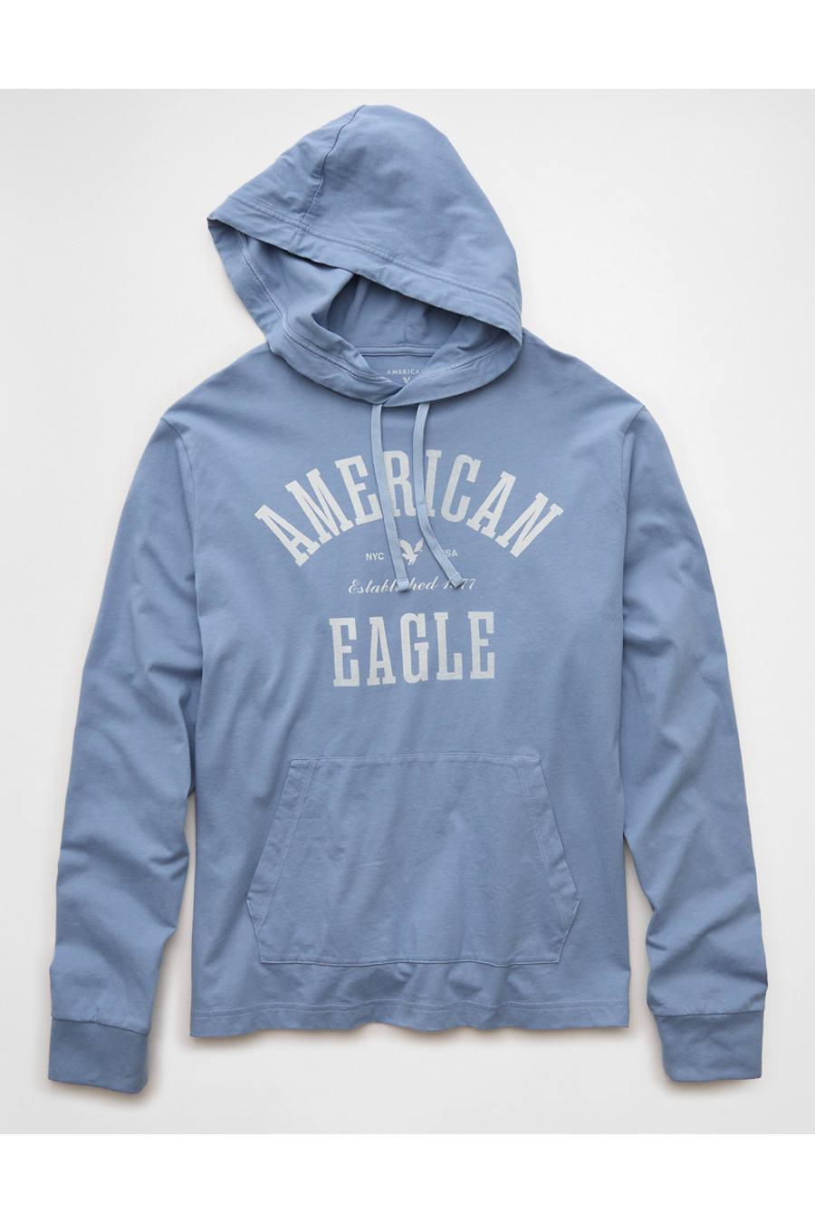 AE Lightweight Icon Logo Graphic Hoodie T-Shirt Men's Washed Blue by AMERICAN EAGLE