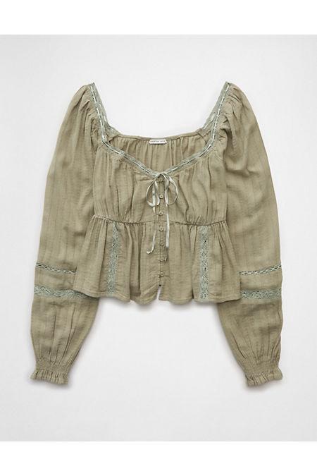 AE Long-Sleeve Babydoll Blouse Women's Faded Olive by AMERICAN EAGLE