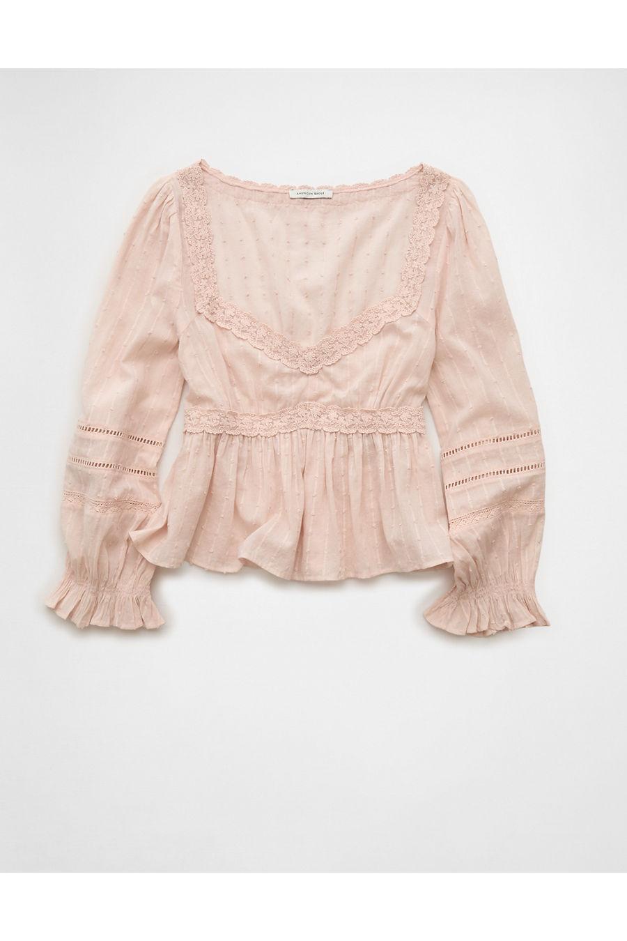 AE Long-Sleeve Babydoll Blouse Women's Pebble by AMERICAN EAGLE