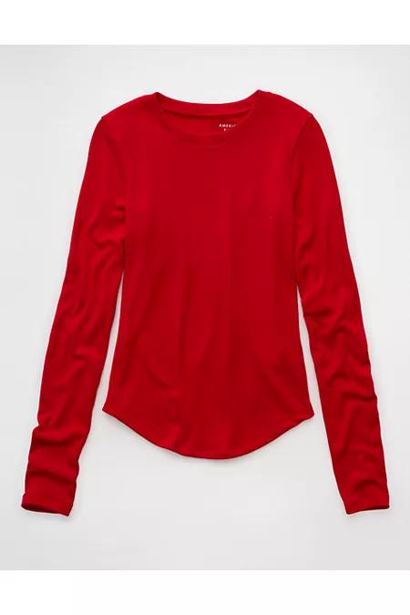 AE Long Sleeve Cozy Crew Neck T-Shirt Women's Ruby Kiss by AMERICAN EAGLE