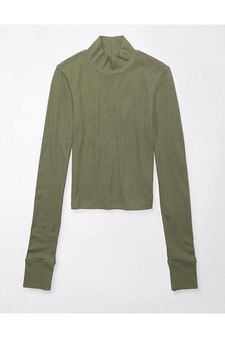 AE Long-Sleeve Cropped Hey Baby Mock Neck Tee Women's Olive XXS by AMERICAN EAGLE