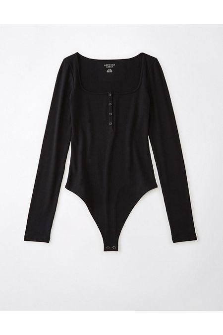 AE Long-Sleeve Henley Bodysuit Women's Black S by AMERICAN EAGLE