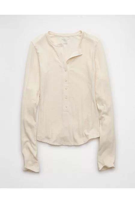 AE Long Sleeve Henley T-Shirt Women's Cream by AMERICAN EAGLE