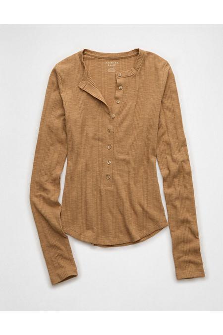 AE Long Sleeve Henley T-Shirt Women's Dark Brown by AMERICAN EAGLE