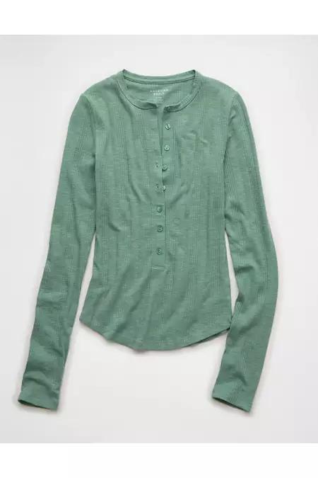 AE Long Sleeve Henley T-Shirt Women's Dusty Sage by AMERICAN EAGLE AE Long Sleeve Henley T-Shirt Women's Dusty Sage by AMERICAN EAGLE